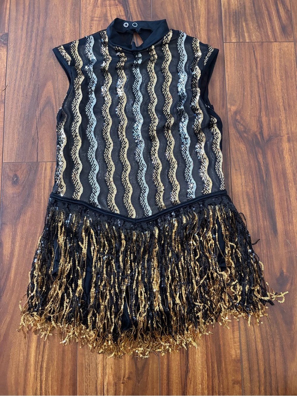 Weissman Black/Gold Sequin Fringe Dress Youth Medium Built in leotard Nearly New